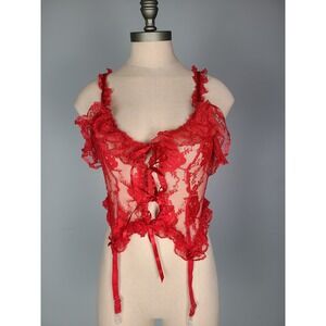 Y2K Midnight Hour Bustier Top Red Sheer Lace Ruffled It Girl Vampy Whimsigoth